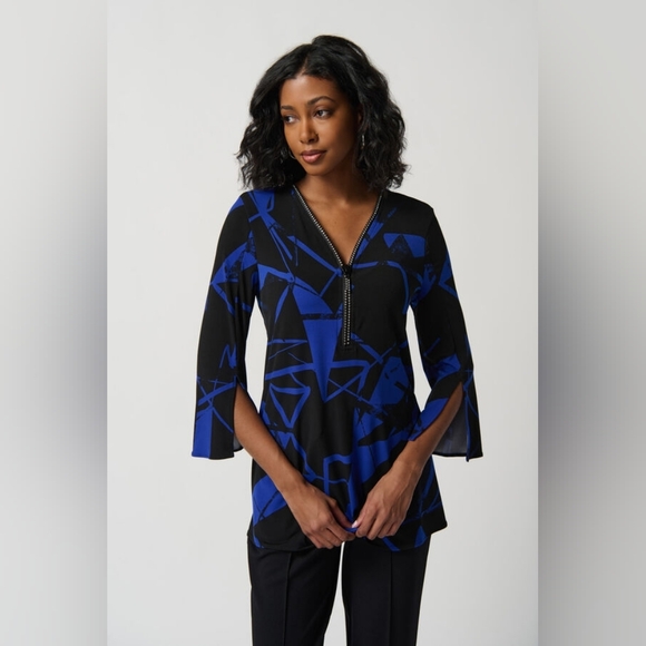 Joseph Ribkoff Tops - Joseph Ribkoff Edgy V-neck Zipper Top Style  Blue Black Blouse Sz 14
